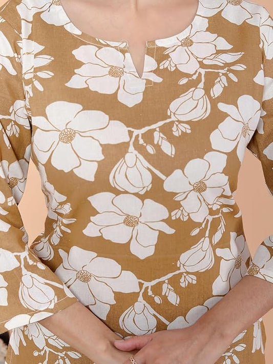 LoomBella LifestyleWomen's Cotton Floral Printed Straight Short Kurta Perfect for Casual, Formal, and Ethnic Wear