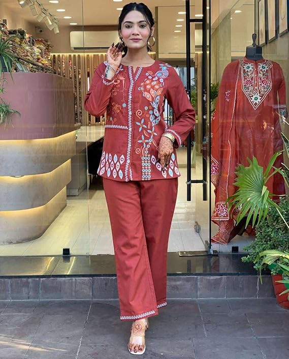 LoomBella LifestyleWomen's Cotton Embroidery Straight Kurti with Pant Set