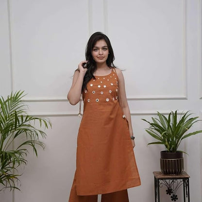 LoomBella LifestyleWomen's Cotton Embroidery Sleeveless Kurti with Ankle Length Pant Set