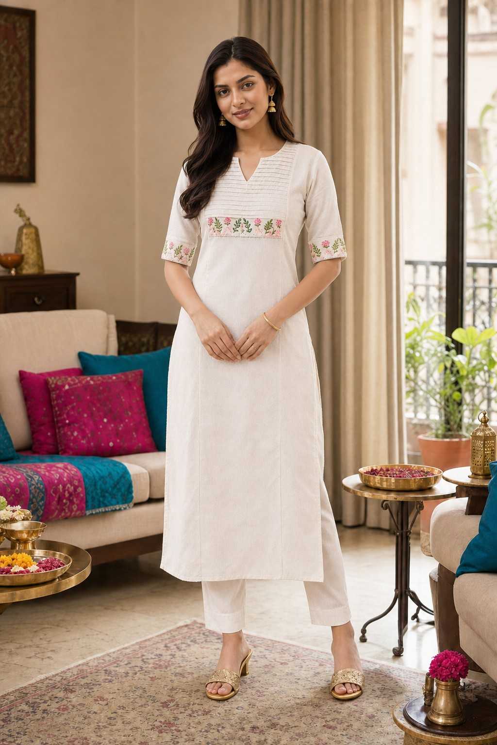 Women's Cotton Floral Printed Straight Kurti with Palazzo