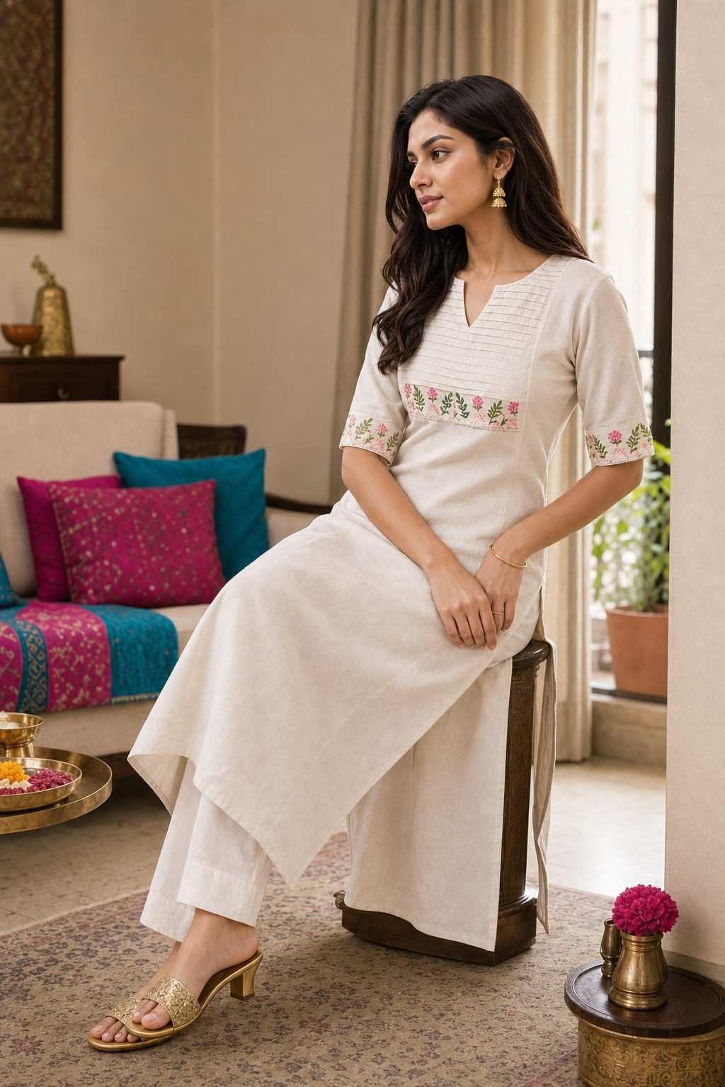 Women's Cotton Floral Printed Straight Kurti with Palazzo
