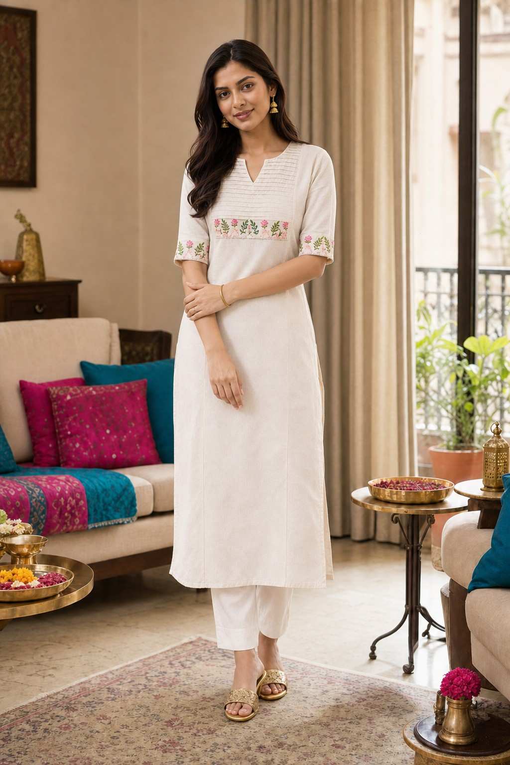 Women's Cotton Floral Printed Straight Kurti with Palazzo