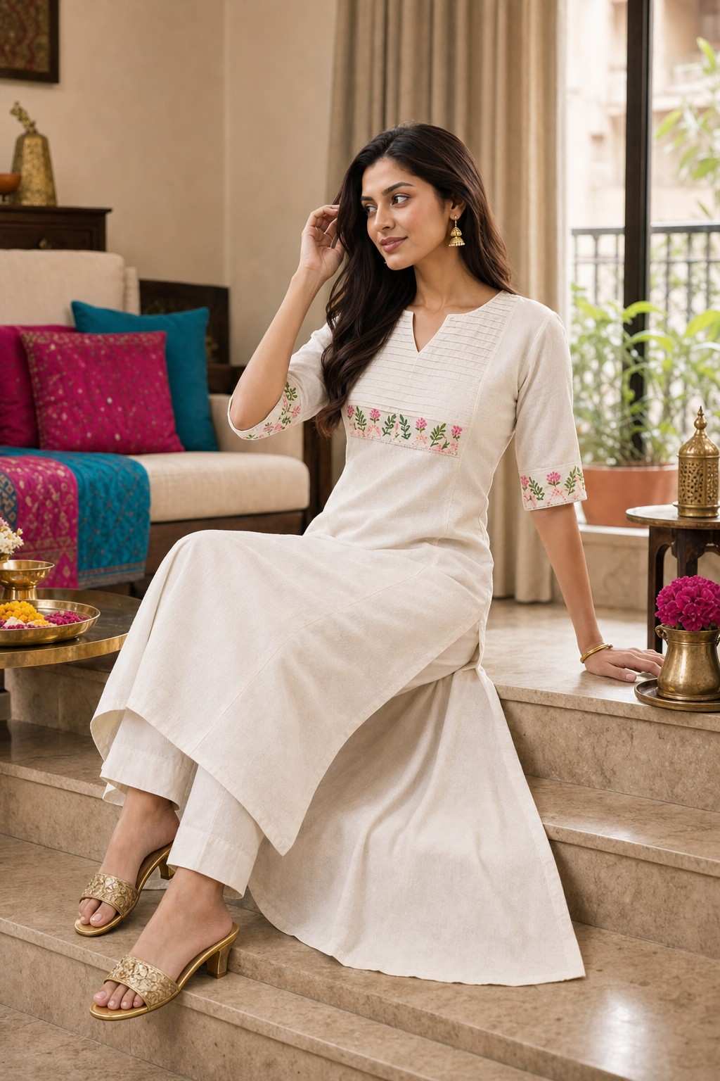 Women's Cotton Floral Printed Straight Kurti with Palazzo