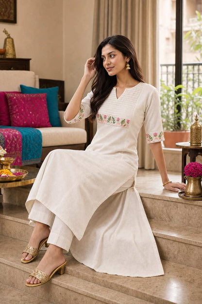 Women's Cotton Floral Printed Straight Kurti with Palazzo