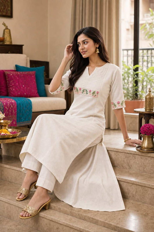 Women's Cotton Floral Printed Straight Kurti with Palazzo