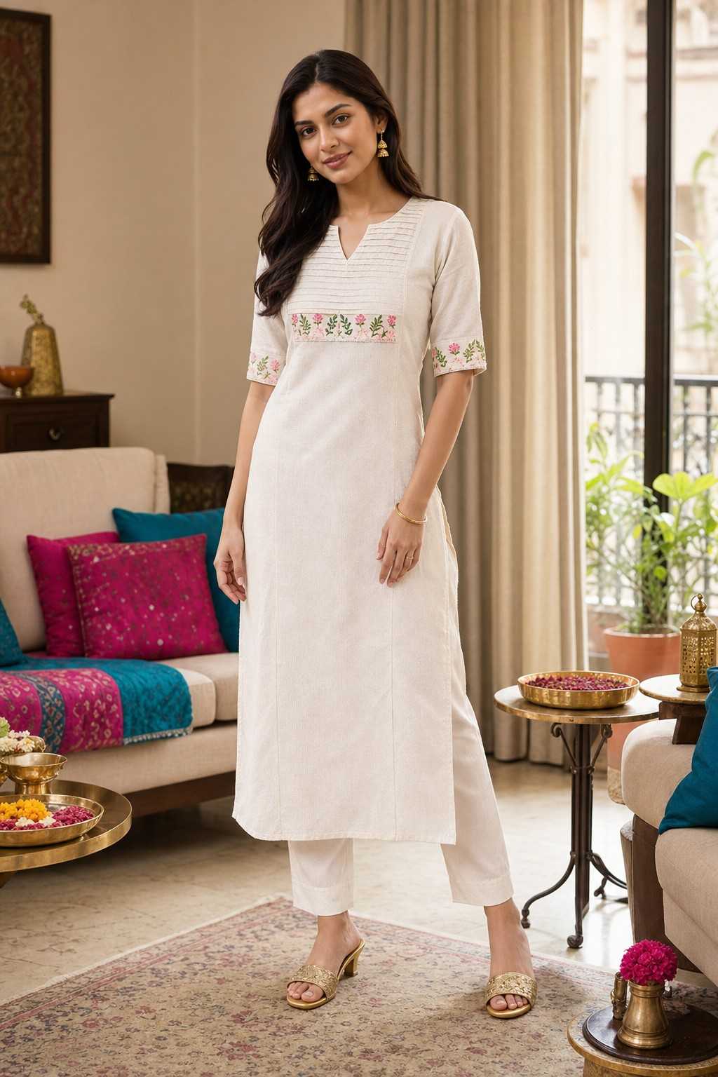 Women's Cotton Floral Printed Straight Kurti with Palazzo