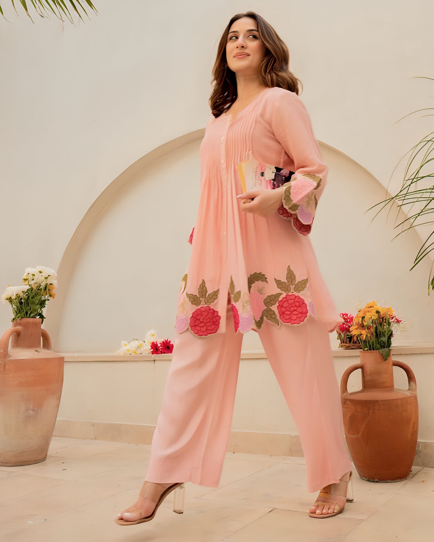 Women's Peach Floral Embroidered Co-ord Set