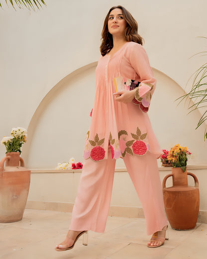 Women's Peach Floral Embroidered Co-ord Set