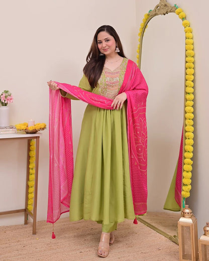 Women's Elegant Beige Embroidered Anarkali Kurta Set with Pink Bandhani Dupatta