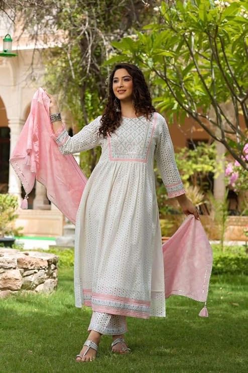 LoomBella LifestyleWomen's Cotton Embroidered Nayra Cut Kurti With Pant and Dupatta Set