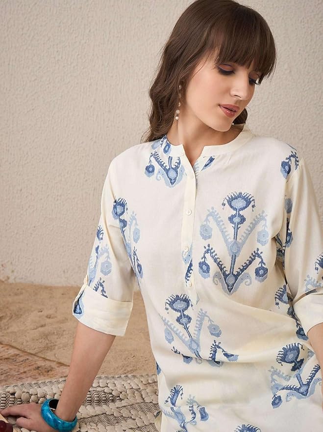 Women's Ivory & Blue Printed Kurta Pant