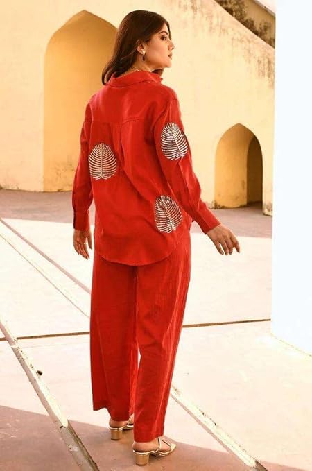 LoomBella LifestyleWomen's Cotton Tunic & Straight Office Wear Collar-Neck Full Sleeves Suit Trouser and Top Set for Women Western Cord Set