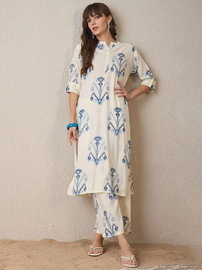 Women's Ivory & Blue Printed Kurta Pant