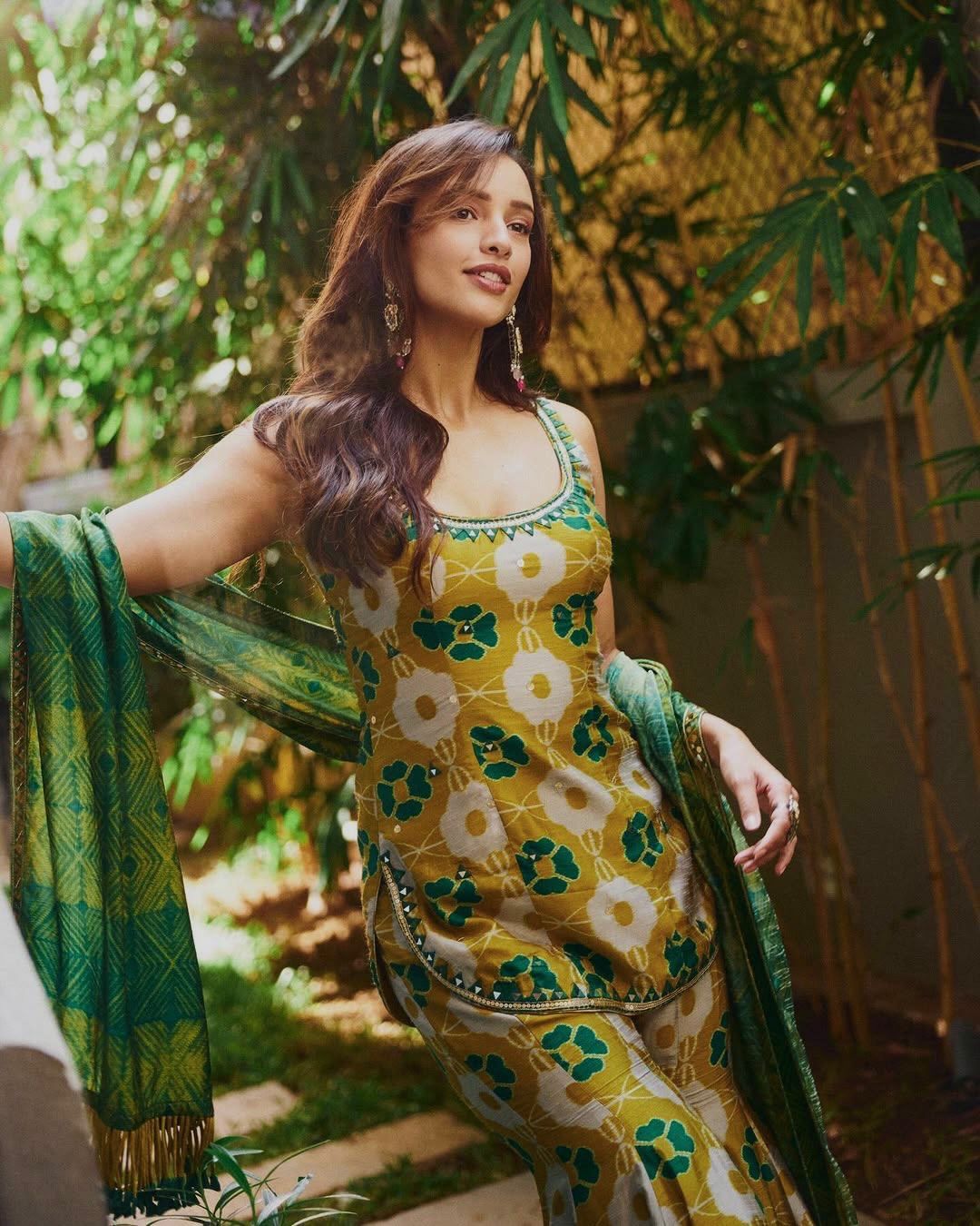Mustard Floral Printed Cotton Blend Straight Kurta Set with Green Dupatta for Women