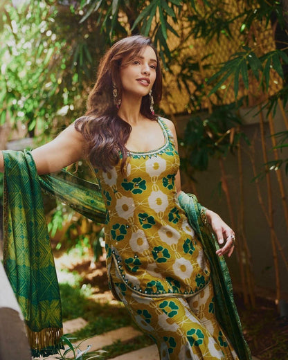 Mustard Floral Printed Cotton Blend Straight Kurta Set with Green Dupatta for Women