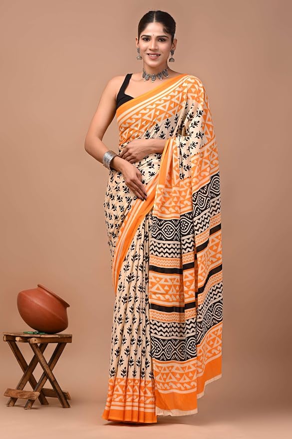 Women's Cream & Orange Mulmul Cotton Printed Saree with Traditional Border & Designer Ethnic Pallu with Blouse Piece