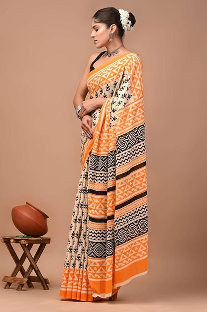 Women's Cream & Orange Mulmul Cotton Printed Saree with Traditional Border & Designer Ethnic Pallu with Blouse Piece