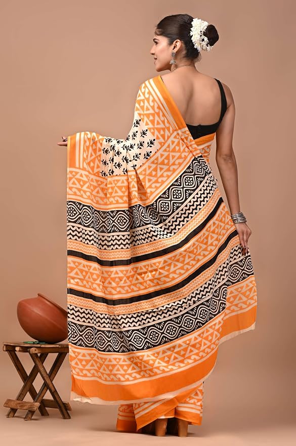 Women's Cream & Orange Mulmul Cotton Printed Saree with Traditional Border & Designer Ethnic Pallu with Blouse Piece