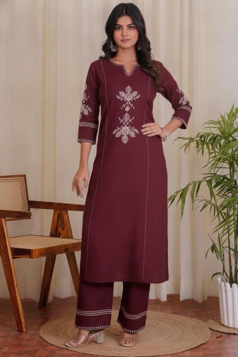 Women's Cotton Embroidered Straight kurti With relaxed fit Pant
