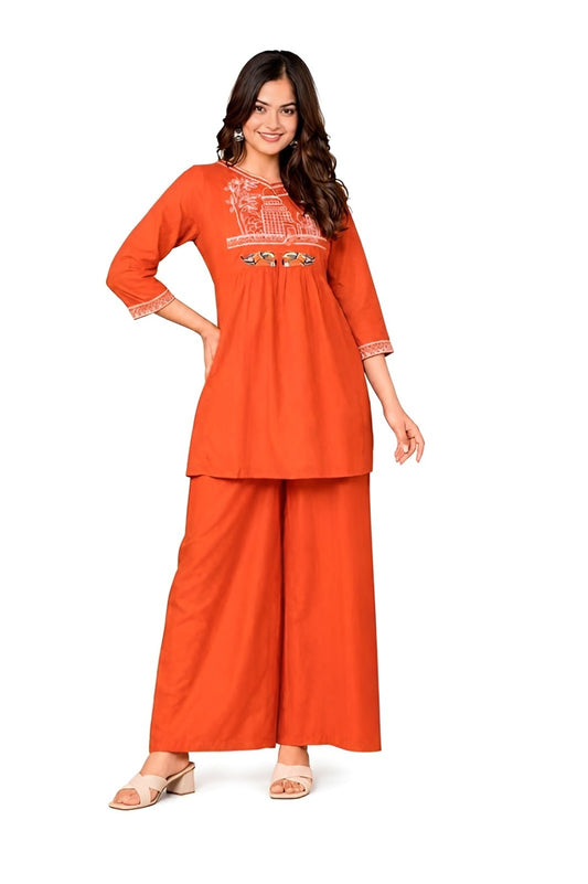 Women's Cotton Embroidered Short Anarkali Kurti with Pant (Orange)