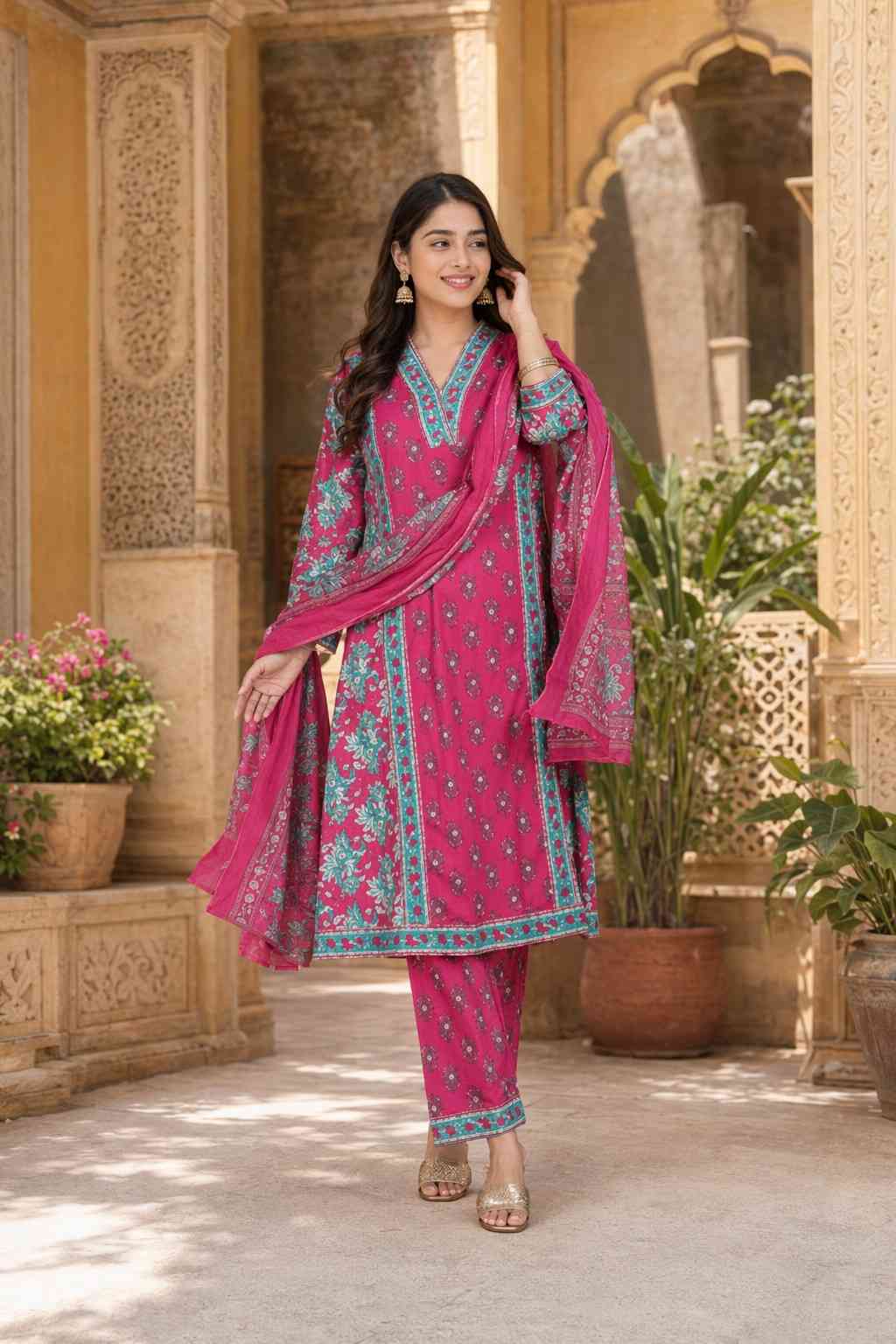 Fab Craft Studio Women's Cotton Printed Straight Kurti With Pant and Dupatta Set