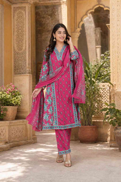 Fab Craft Studio Women's Cotton Printed Straight Kurti With Pant and Dupatta Set