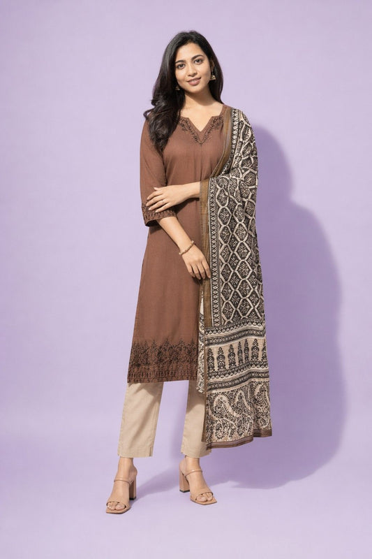 Fab Craft Studio Women Pure Cotton Embroidery Straight Kurti with Pant & Dupatta Set