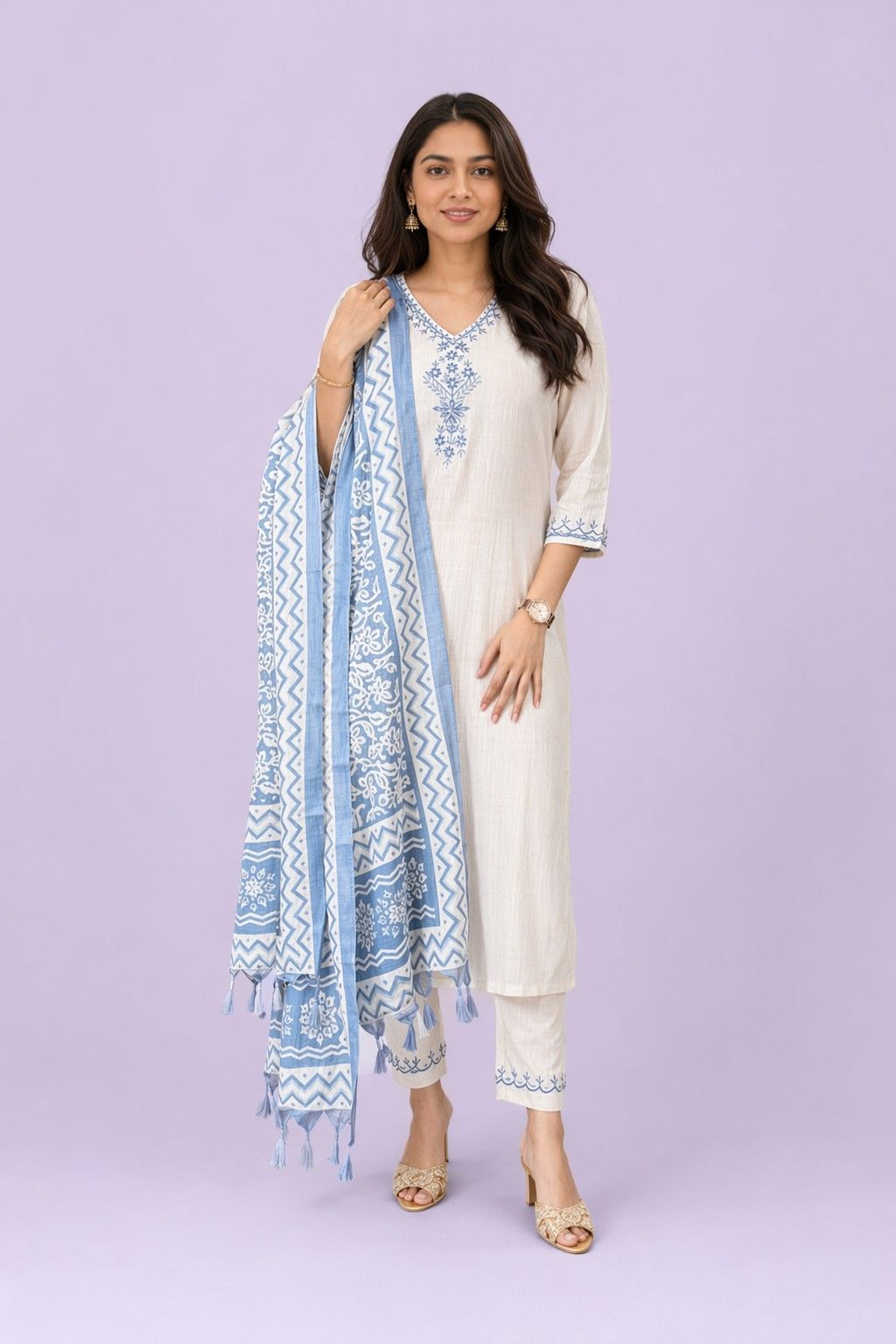 Fab Craft Studio Women's Cotton Embroiderd Straight Kurti with Pant and Printed Dupatta Set