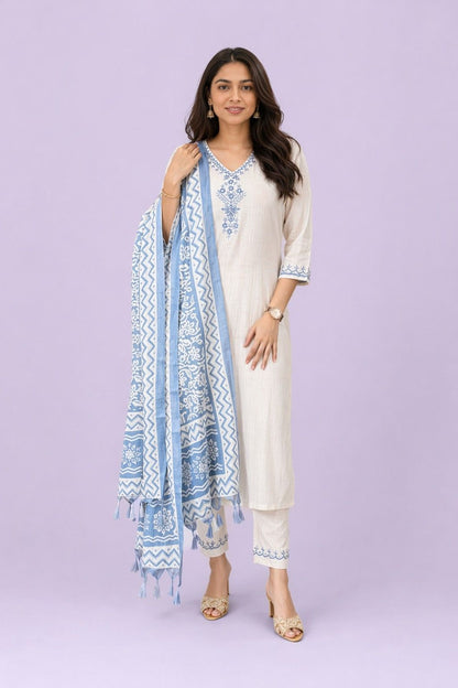 Fab Craft Studio Women's Cotton Embroiderd Straight Kurti with Pant and Printed Dupatta Set