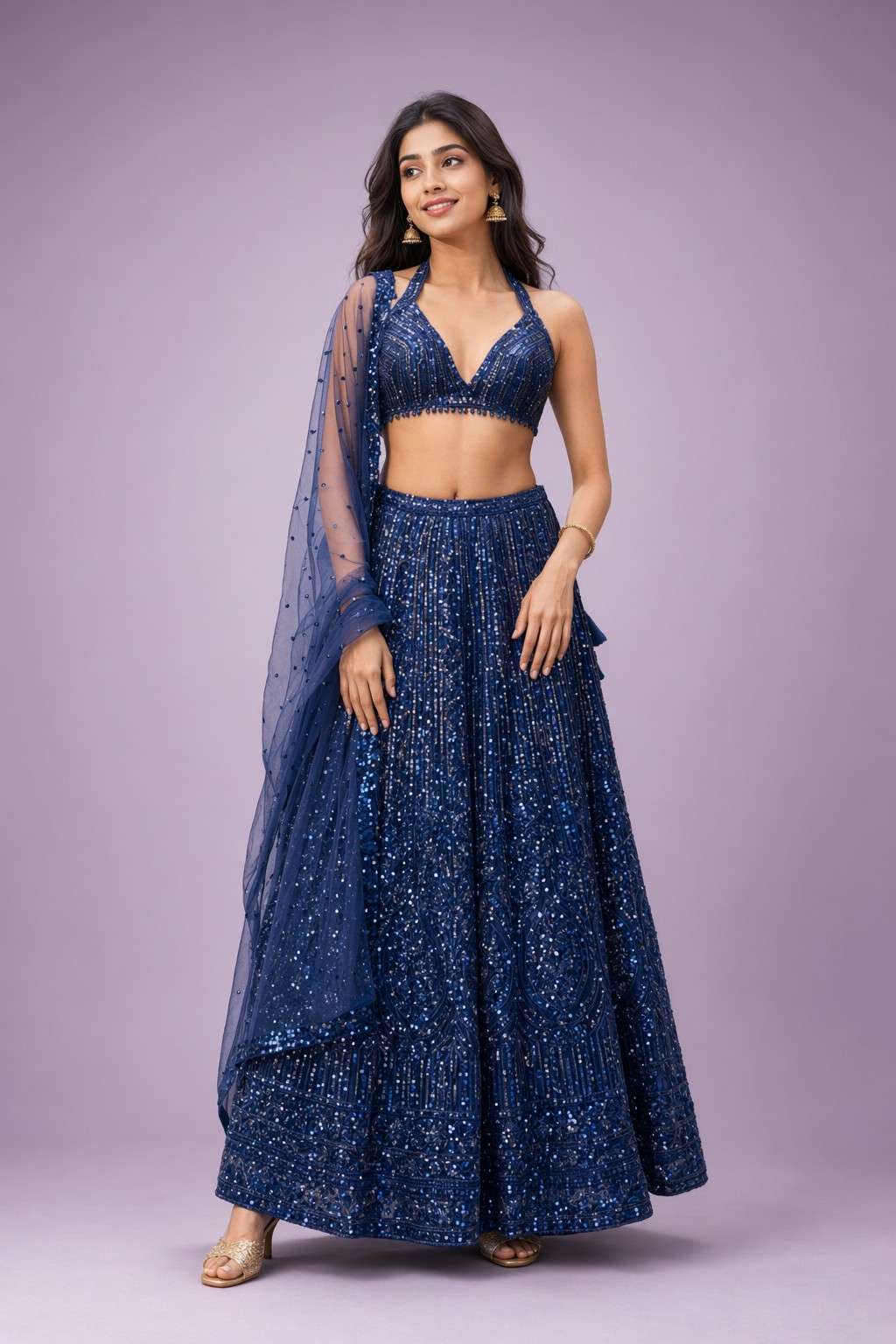 Net Lehenga Set with Sequins & Dori Work