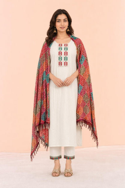 Fab Craft Studio Women's Cotton Chikankari Print Straight Kurti with Pant and Mulmul Dupatta Set
