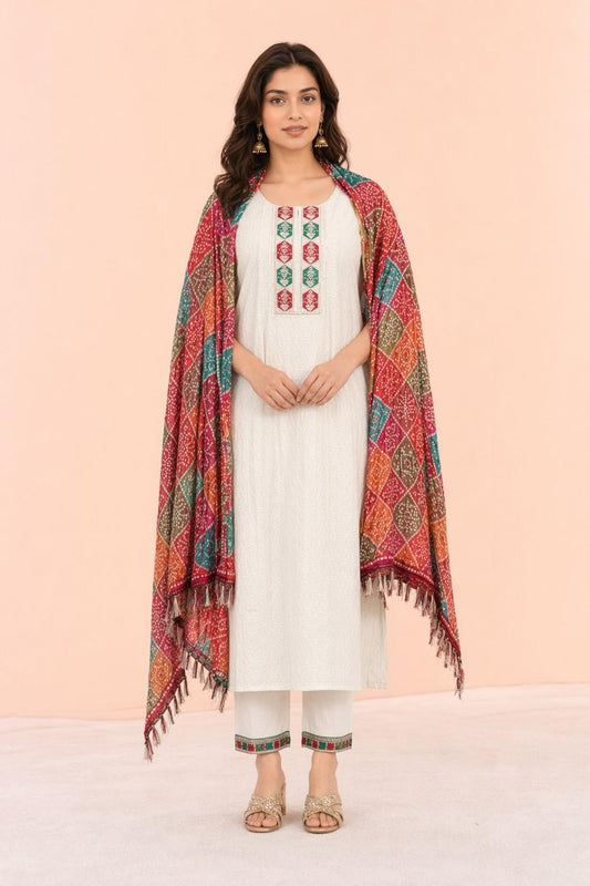 Fab Craft Studio Women's Cotton Chikankari Print Straight Kurti with Pant and Mulmul Dupatta Set