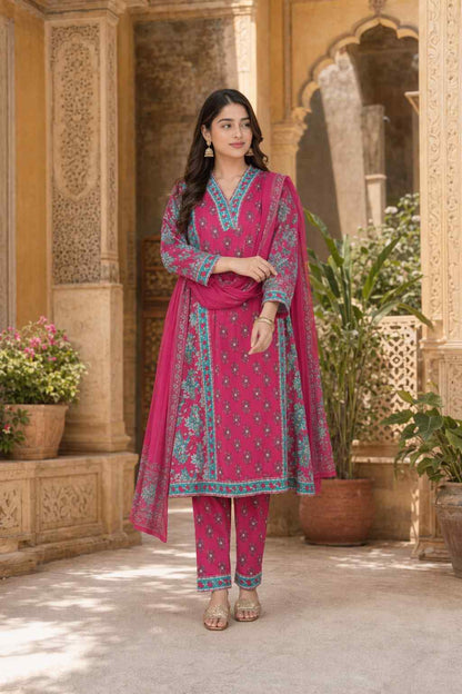 Fab Craft Studio Women's Cotton Printed Straight Kurti With Pant and Dupatta Set