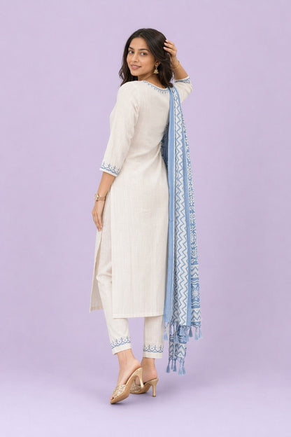 Fab Craft Studio Women's Cotton Embroiderd Straight Kurti with Pant and Printed Dupatta Set