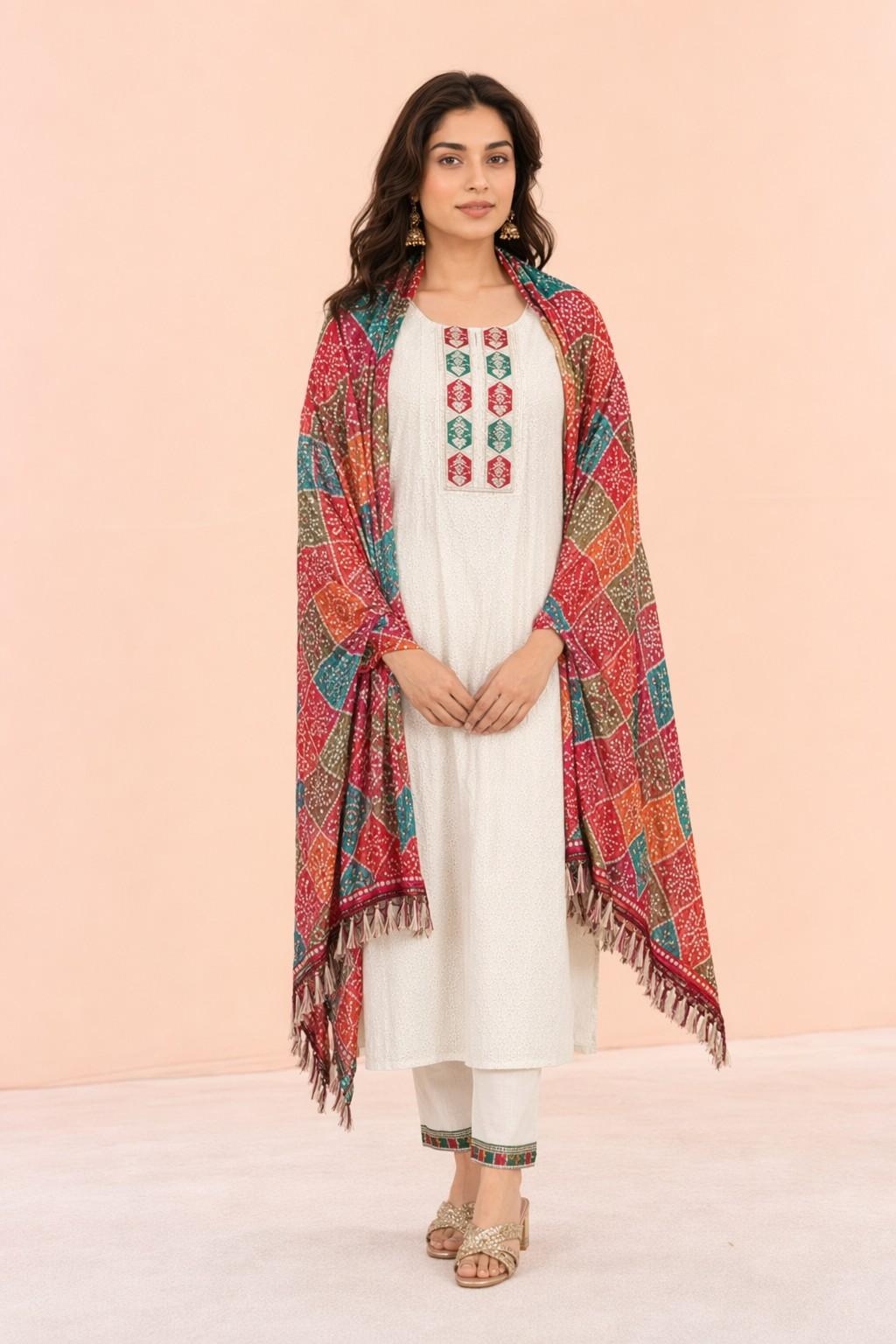 Fab Craft Studio Women's Cotton Chikankari Print Straight Kurti with Pant and Mulmul Dupatta Set
