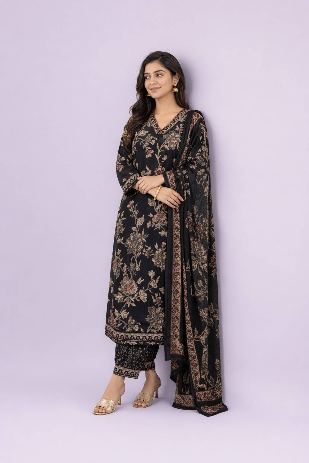 Fab Craft Studio Women's Cotton Floral Printed Straight Kurti With Afghani Style Pant and Dupatta Set