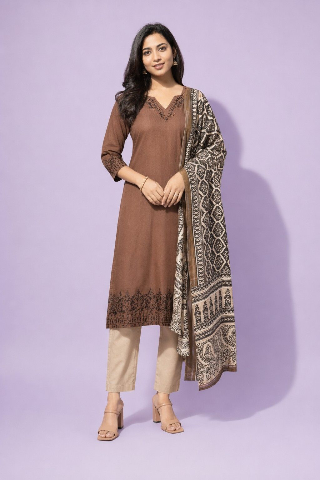 Fab Craft Studio Women Pure Cotton Embroidery Straight Kurti with Pant & Dupatta Set