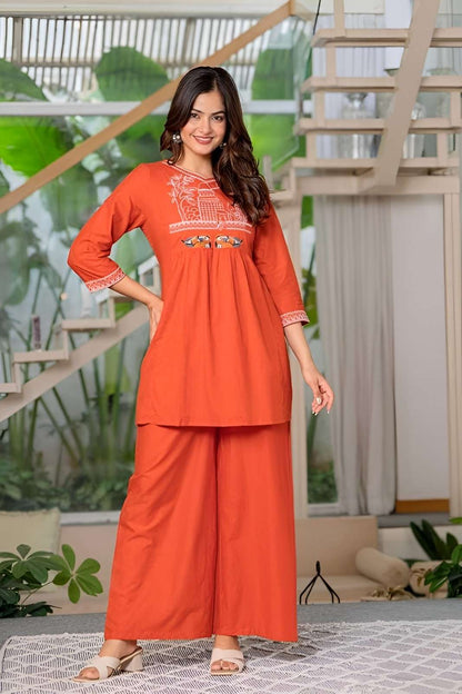 Women's Cotton Embroidered Short Anarkali Kurti with Pant (Orange)
