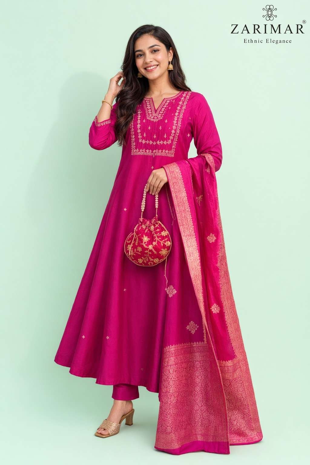 Fab Craft Studio Women's Viscose Silk Heavy Embroidered Straight Kurta With Trouser & Banarasi Jacquard Dupatta Set