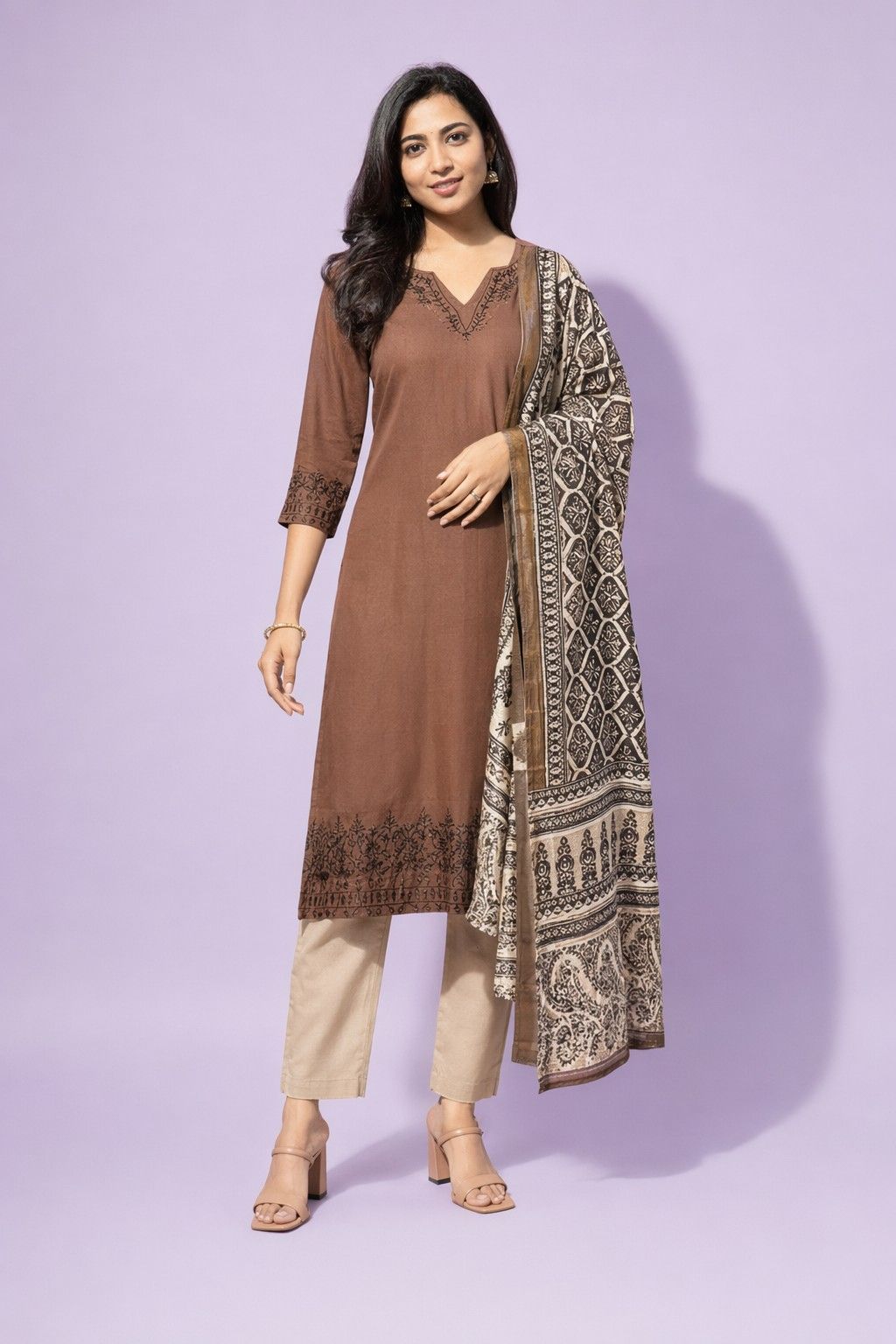 Fab Craft Studio Women Pure Cotton Embroidery Straight Kurti with Pant & Dupatta Set