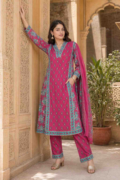 Fab Craft Studio Women's Cotton Printed Straight Kurti With Pant and Dupatta Set
