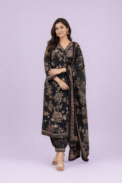 Fab Craft Studio Women's Cotton Floral Printed Straight Kurti With Afghani Style Pant and Dupatta Set