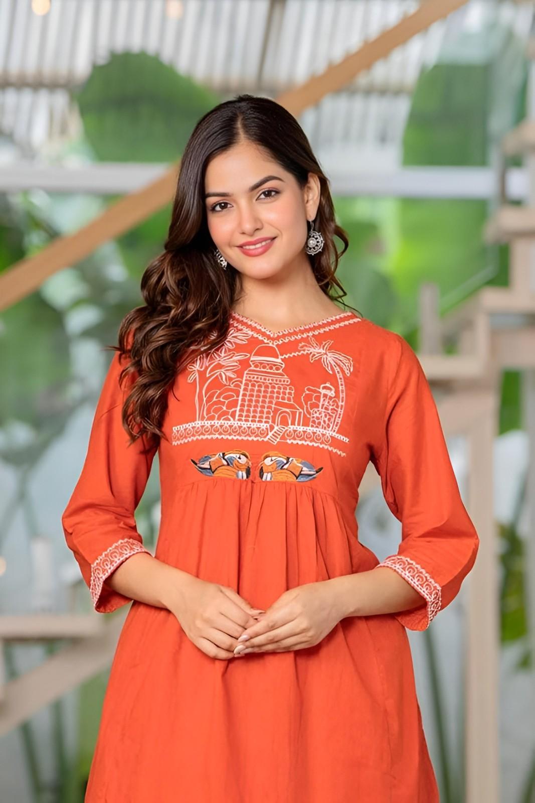 Women's Cotton Embroidered Short Anarkali Kurti with Pant (Orange)