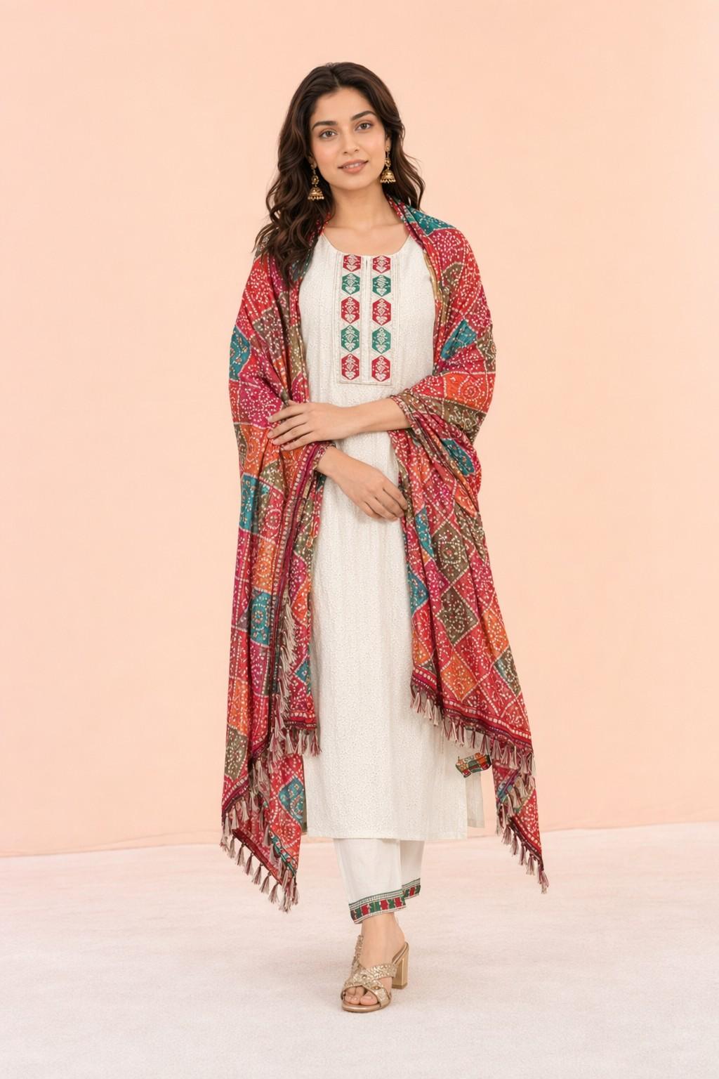 Fab Craft Studio Women's Cotton Chikankari Print Straight Kurti with Pant and Mulmul Dupatta Set