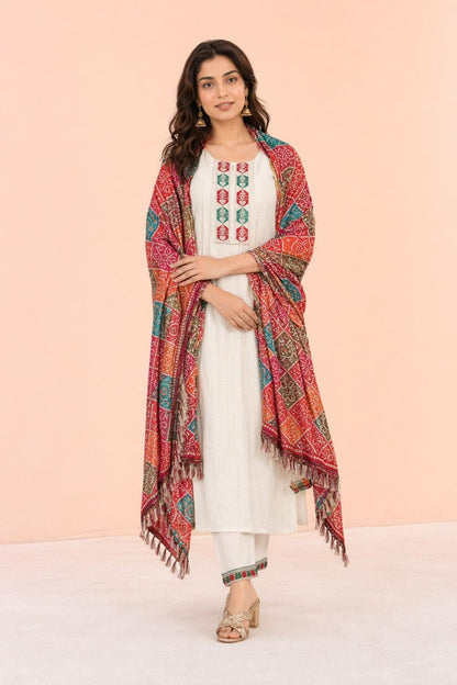 Fab Craft Studio Women's Cotton Chikankari Print Straight Kurti with Pant and Mulmul Dupatta Set