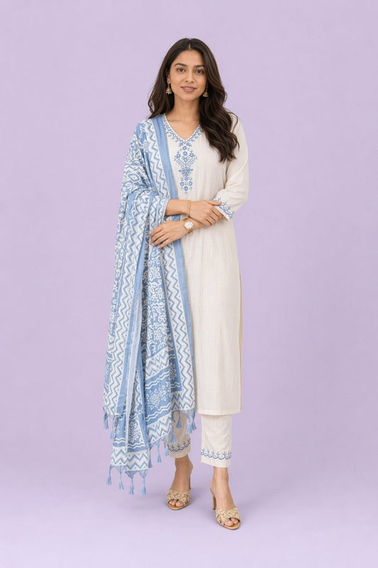 Fab Craft Studio Women's Cotton Embroiderd Straight Kurti with Pant and Printed Dupatta Set