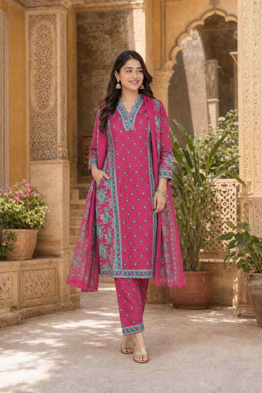 Fab Craft Studio Women's Cotton Printed Straight Kurti With Pant and Dupatta Set
