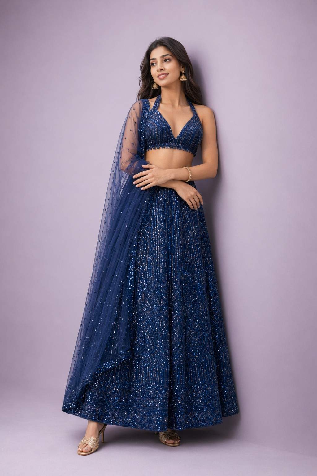 Net Lehenga Set with Sequins & Dori Work