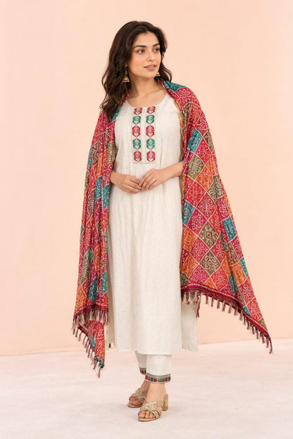 Fab Craft Studio Women's Cotton Chikankari Print Straight Kurti with Pant and Mulmul Dupatta Set