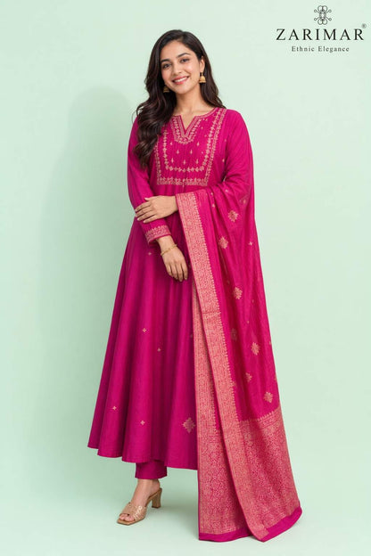 Fab Craft Studio Women's Viscose Silk Heavy Embroidered Straight Kurta With Trouser & Banarasi Jacquard Dupatta Set